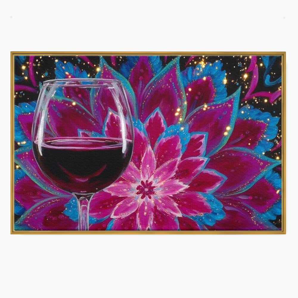 Premium-Leinwandbilder, LuxCanva® N1158, Magischer Kelch, Rotwein, Getränk, Mandala, golden, schimmernd, Blütenblätter, Pub, Bar, Lounge, Restaurant, Küche