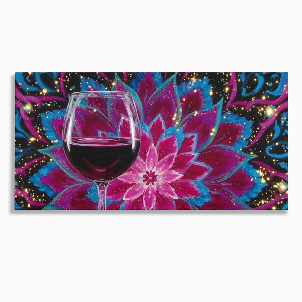 Premium-Leinwandbilder, LuxCanva® N1158, Magischer Kelch, Rotwein, Getränk, Mandala, golden, schimmernd, Blütenblätter, Pub, Bar, Lounge, Restaurant, Küche