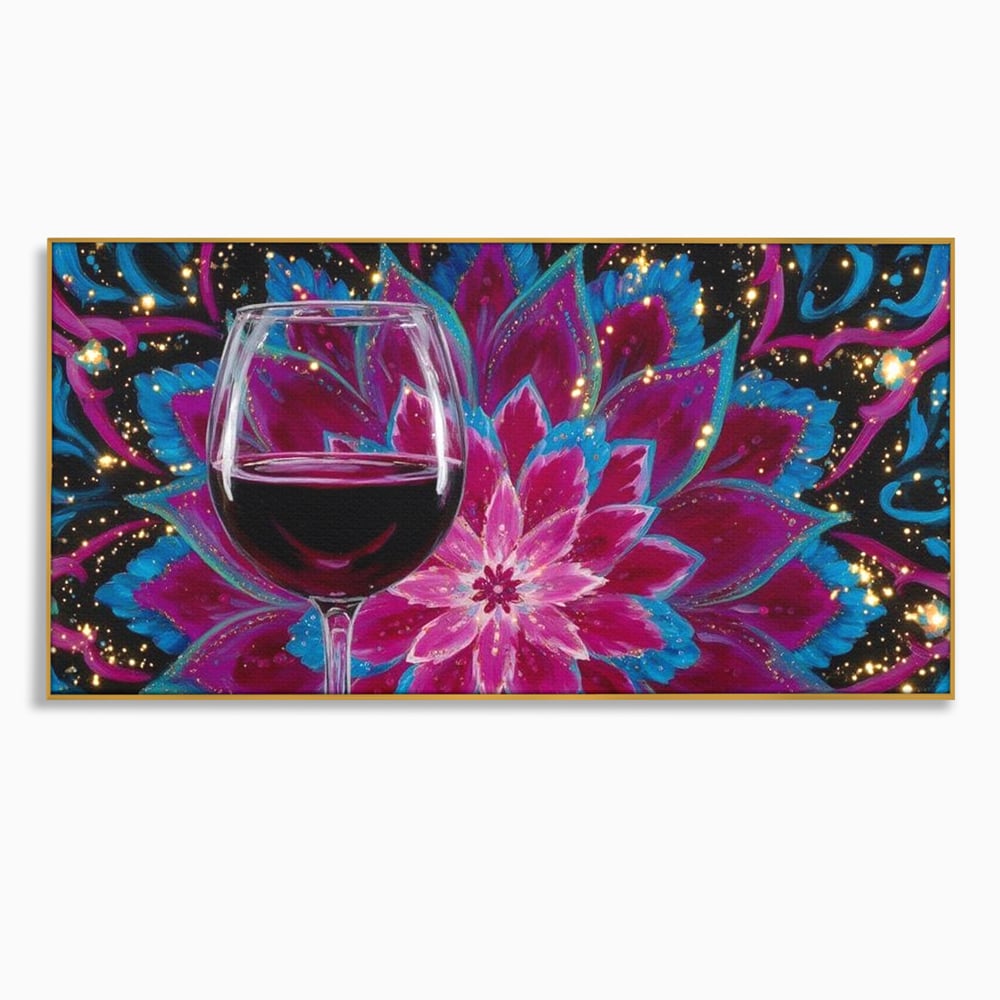 Premium-Leinwandbilder, LuxCanva® N1158, Magischer Kelch, Rotwein, Getränk, Mandala, golden, schimmernd, Blütenblätter, Pub, Bar, Lounge, Restaurant, Küche