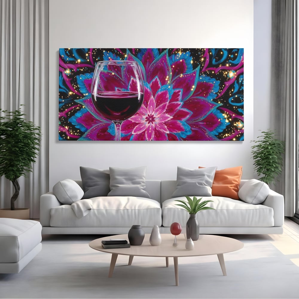 Premium-Leinwandbilder, LuxCanva® N1158, Magischer Kelch, Rotwein, Getränk, Mandala, golden, schimmernd, Blütenblätter, Pub, Bar, Lounge, Restaurant, Küche