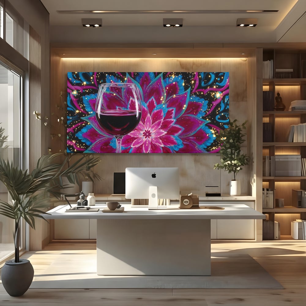 Premium-Leinwandbilder, LuxCanva® N1158, Magischer Kelch, Rotwein, Getränk, Mandala, golden, schimmernd, Blütenblätter, Pub, Bar, Lounge, Restaurant, Küche