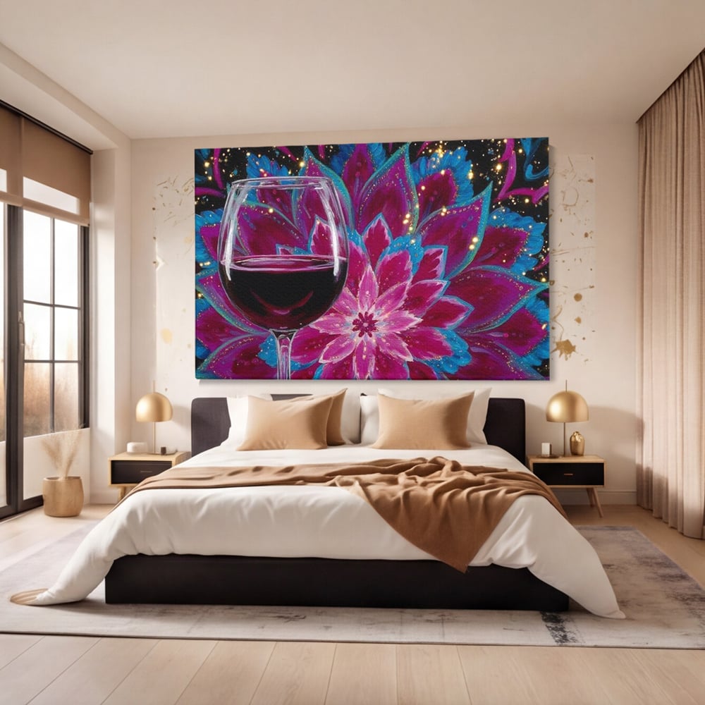 Premium-Leinwandbilder, LuxCanva® N1158, Magischer Kelch, Rotwein, Getränk, Mandala, golden, schimmernd, Blütenblätter, Pub, Bar, Lounge, Restaurant, Küche