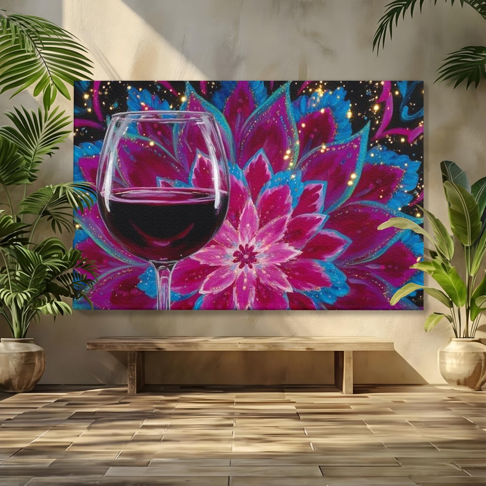 Premium-Leinwandbilder, LuxCanva® N1158, Magischer Kelch, Rotwein, Getränk, Mandala, golden, schimmernd, Blütenblätter, Pub, Bar, Lounge, Restaurant, Küche
