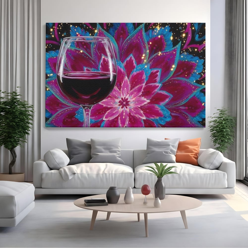 Premium-Leinwandbilder, LuxCanva® N1158, Magischer Kelch, Rotwein, Getränk, Mandala, golden, schimmernd, Blütenblätter, Pub, Bar, Lounge, Restaurant, Küche