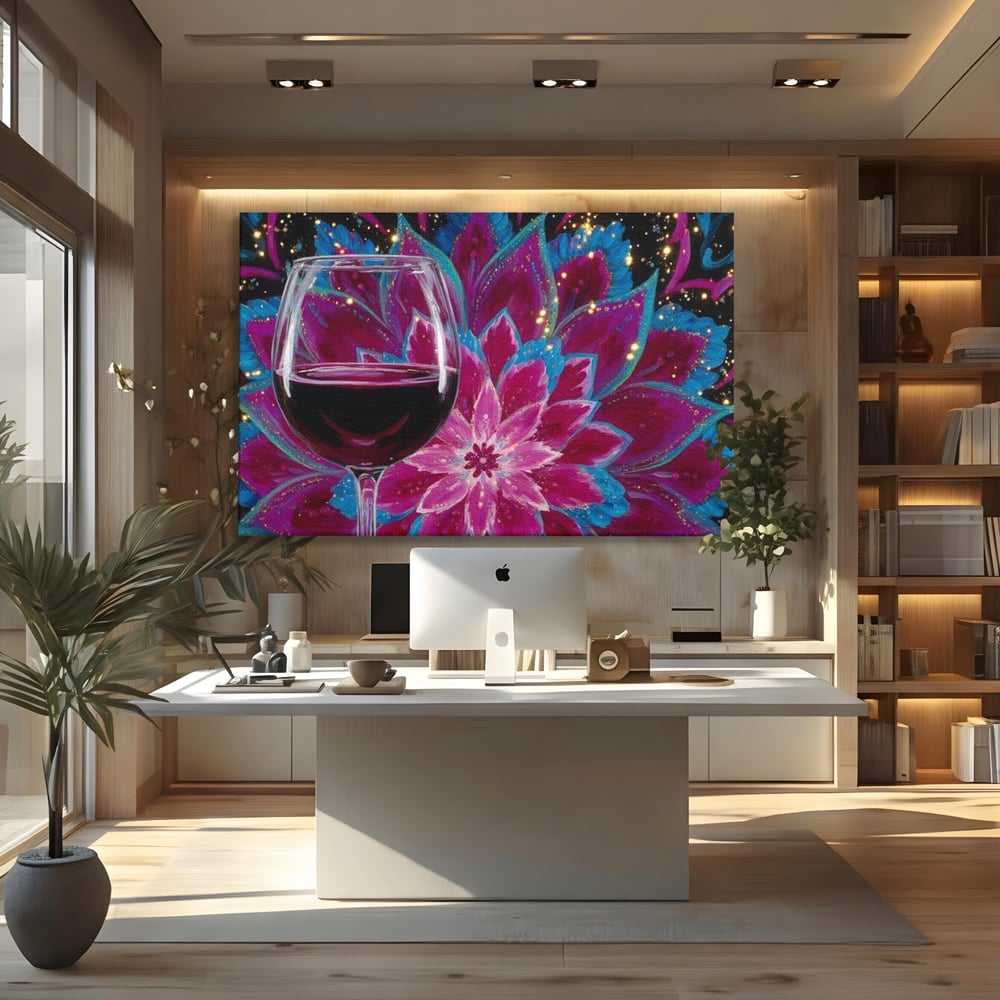 Premium-Leinwandbilder, LuxCanva® N1158, Magischer Kelch, Rotwein, Getränk, Mandala, golden, schimmernd, Blütenblätter, Pub, Bar, Lounge, Restaurant, Küche
