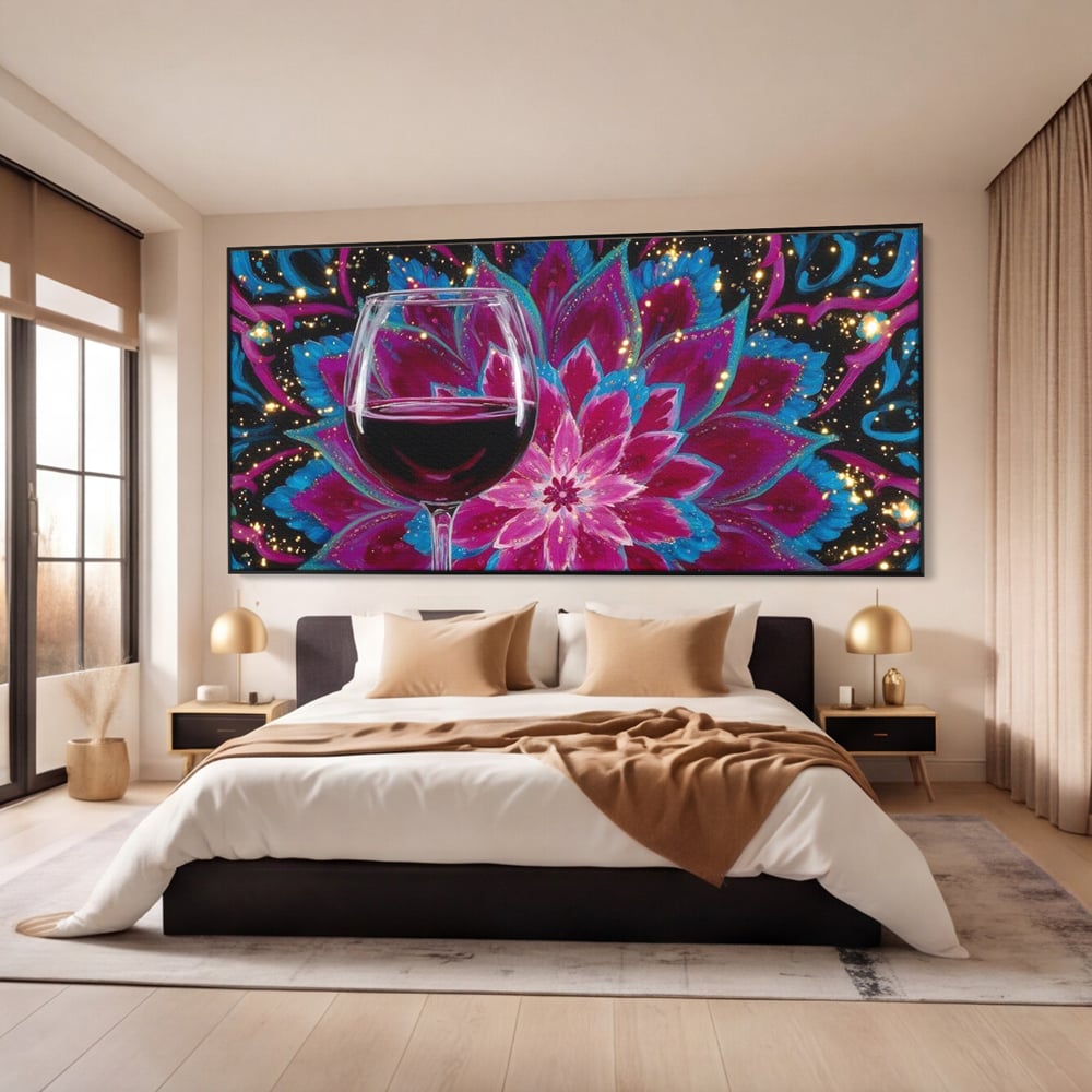 Premium-Leinwandbilder, LuxCanva® N1158, Magischer Kelch, Rotwein, Getränk, Mandala, golden, schimmernd, Blütenblätter, Pub, Bar, Lounge, Restaurant, Küche