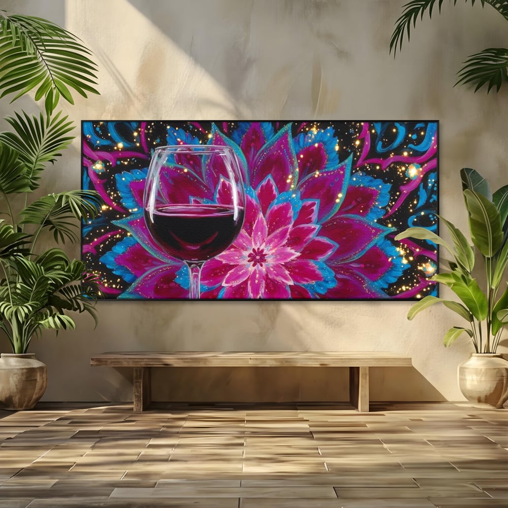 Premium-Leinwandbilder, LuxCanva® N1158, Magischer Kelch, Rotwein, Getränk, Mandala, golden, schimmernd, Blütenblätter, Pub, Bar, Lounge, Restaurant, Küche