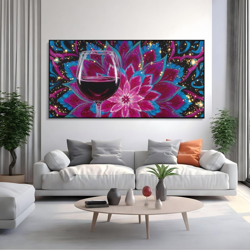 Premium-Leinwandbilder, LuxCanva® N1158, Magischer Kelch, Rotwein, Getränk, Mandala, golden, schimmernd, Blütenblätter, Pub, Bar, Lounge, Restaurant, Küche