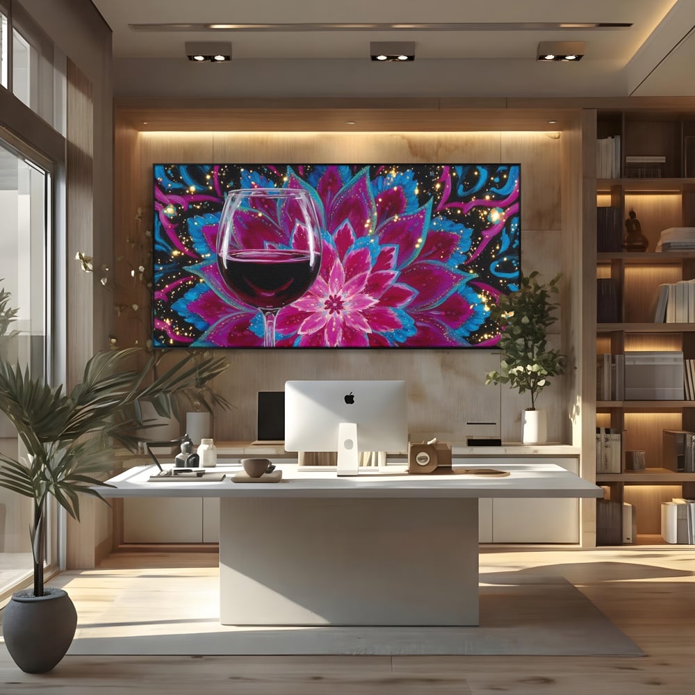 Premium-Leinwandbilder, LuxCanva® N1158, Magischer Kelch, Rotwein, Getränk, Mandala, golden, schimmernd, Blütenblätter, Pub, Bar, Lounge, Restaurant, Küche