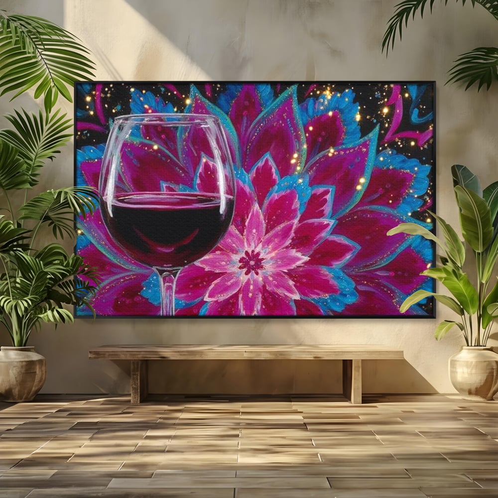 Premium-Leinwandbilder, LuxCanva® N1158, Magischer Kelch, Rotwein, Getränk, Mandala, golden, schimmernd, Blütenblätter, Pub, Bar, Lounge, Restaurant, Küche