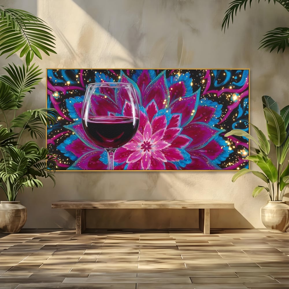 Premium-Leinwandbilder, LuxCanva® N1158, Magischer Kelch, Rotwein, Getränk, Mandala, golden, schimmernd, Blütenblätter, Pub, Bar, Lounge, Restaurant, Küche