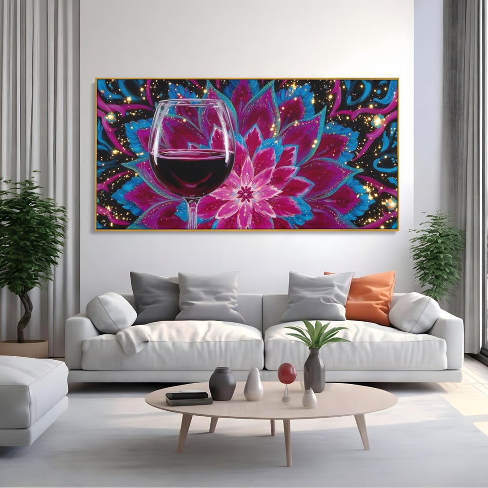 Premium-Leinwandbilder, LuxCanva® N1158, Magischer Kelch, Rotwein, Getränk, Mandala, golden, schimmernd, Blütenblätter, Pub, Bar, Lounge, Restaurant, Küche