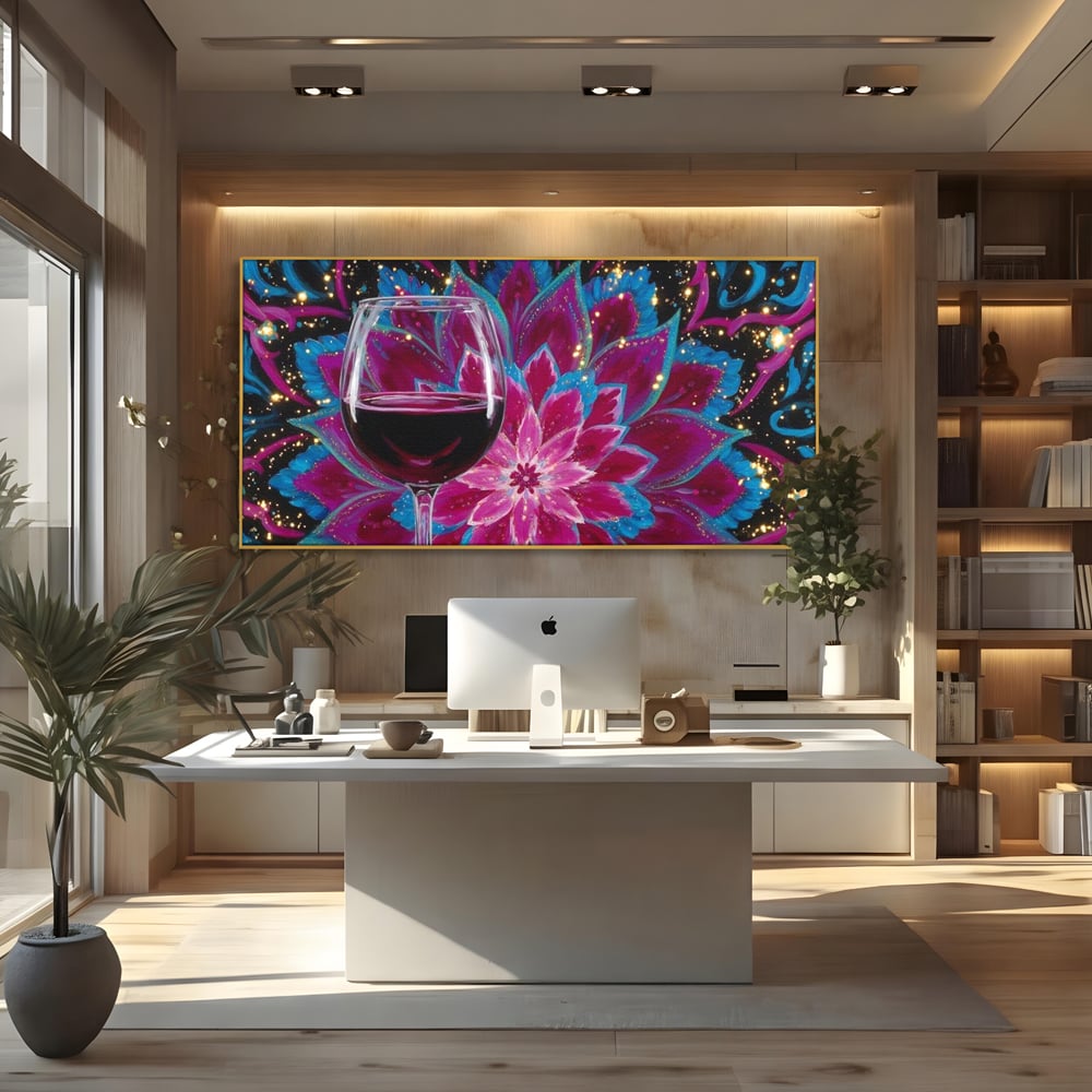 Premium-Leinwandbilder, LuxCanva® N1158, Magischer Kelch, Rotwein, Getränk, Mandala, golden, schimmernd, Blütenblätter, Pub, Bar, Lounge, Restaurant, Küche