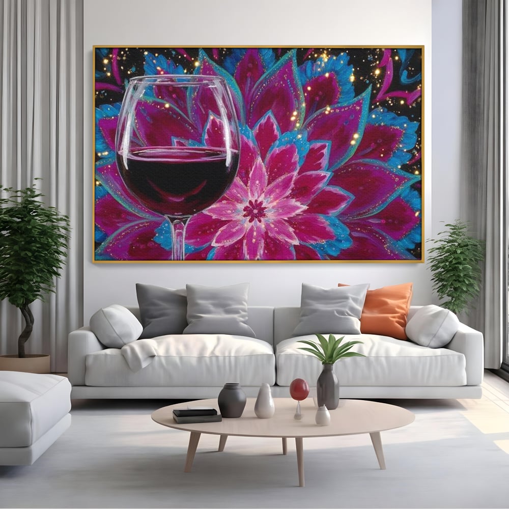 Premium-Leinwandbilder, LuxCanva® N1158, Magischer Kelch, Rotwein, Getränk, Mandala, golden, schimmernd, Blütenblätter, Pub, Bar, Lounge, Restaurant, Küche