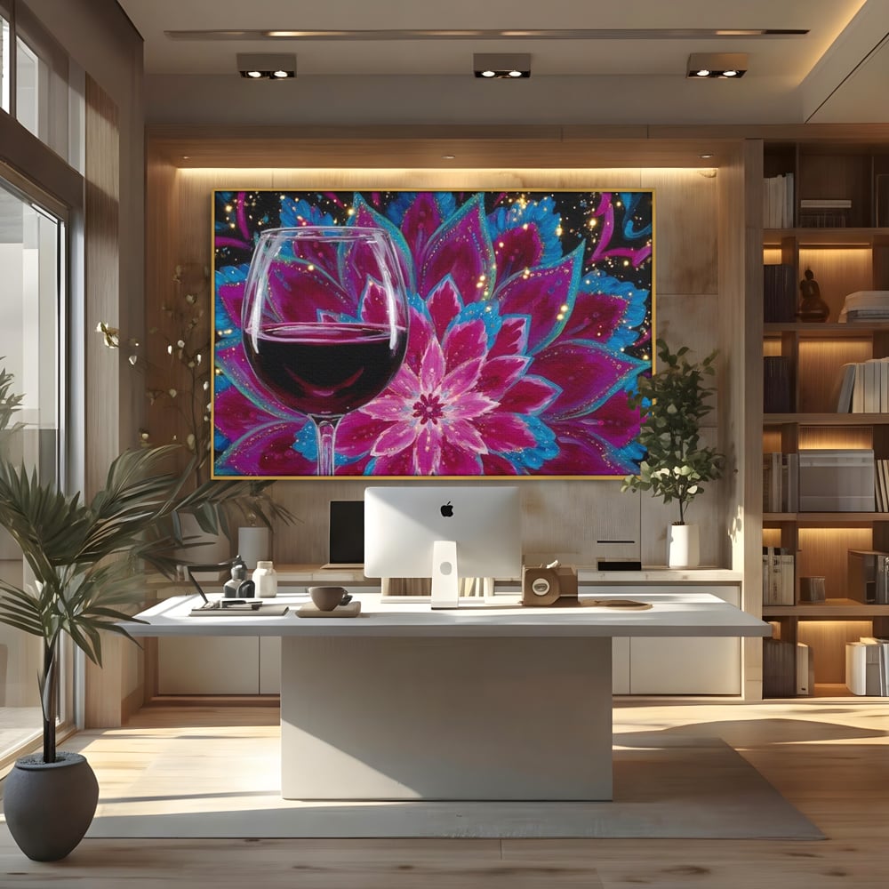 Premium-Leinwandbilder, LuxCanva® N1158, Magischer Kelch, Rotwein, Getränk, Mandala, golden, schimmernd, Blütenblätter, Pub, Bar, Lounge, Restaurant, Küche