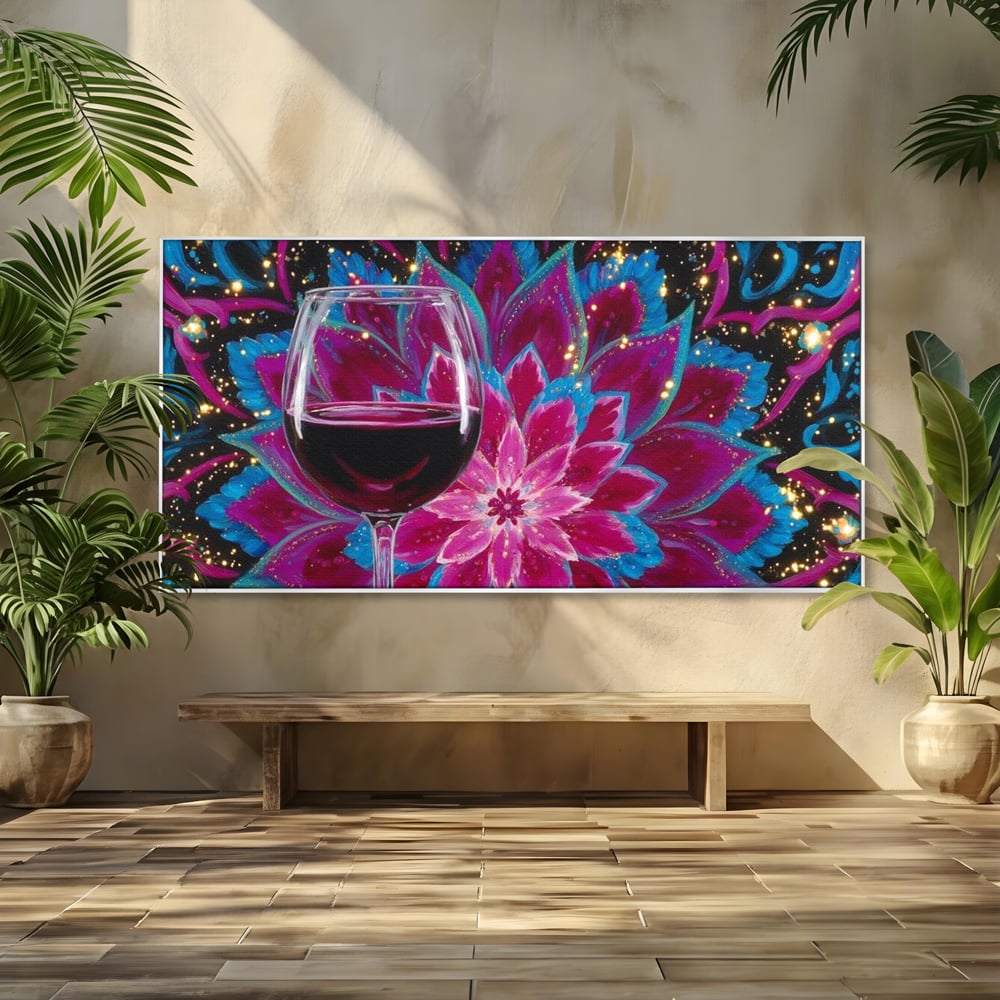 Premium-Leinwandbilder, LuxCanva® N1158, Magischer Kelch, Rotwein, Getränk, Mandala, golden, schimmernd, Blütenblätter, Pub, Bar, Lounge, Restaurant, Küche