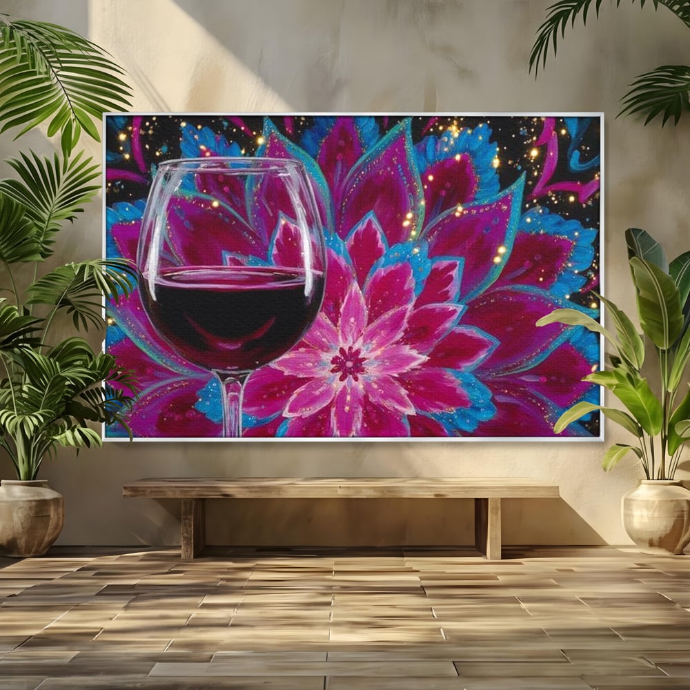 Premium-Leinwandbilder, LuxCanva® N1158, Magischer Kelch, Rotwein, Getränk, Mandala, golden, schimmernd, Blütenblätter, Pub, Bar, Lounge, Restaurant, Küche