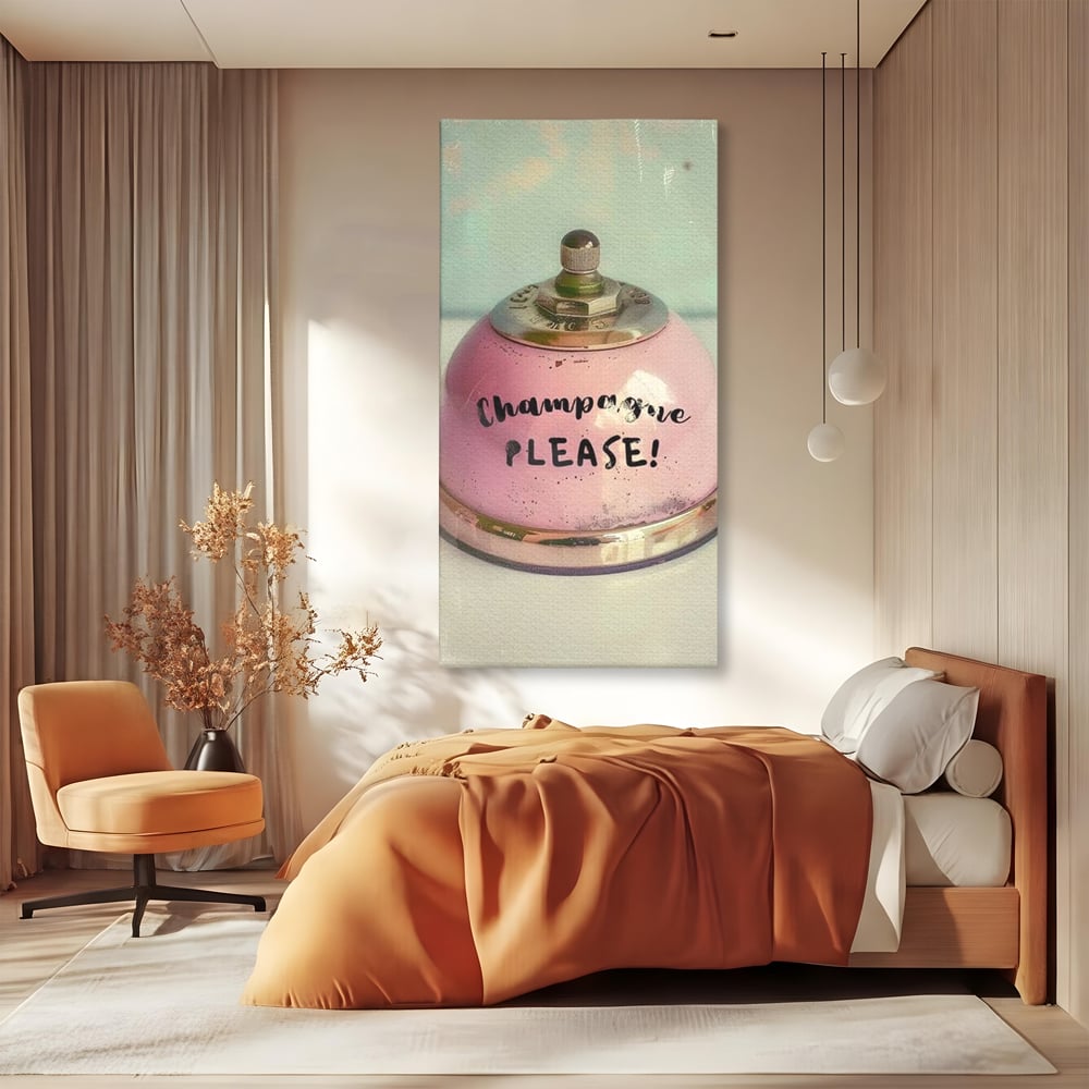 Tablou Canvas Premium, LuxCanva® N1159, Sa Inceapa Petrecerea, Clopotel, Roz, Text, Sampanie, Bautura, Vintage, Ocazie, Pub, Bar, Lounge, Restaurant, Bucatarie