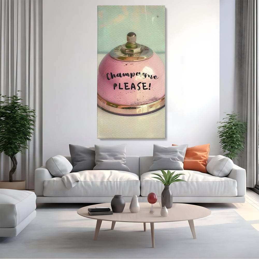 Tablou Canvas Premium, LuxCanva® N1159, Sa Inceapa Petrecerea, Clopotel, Roz, Text, Sampanie, Bautura, Vintage, Ocazie, Pub, Bar, Lounge, Restaurant, Bucatarie