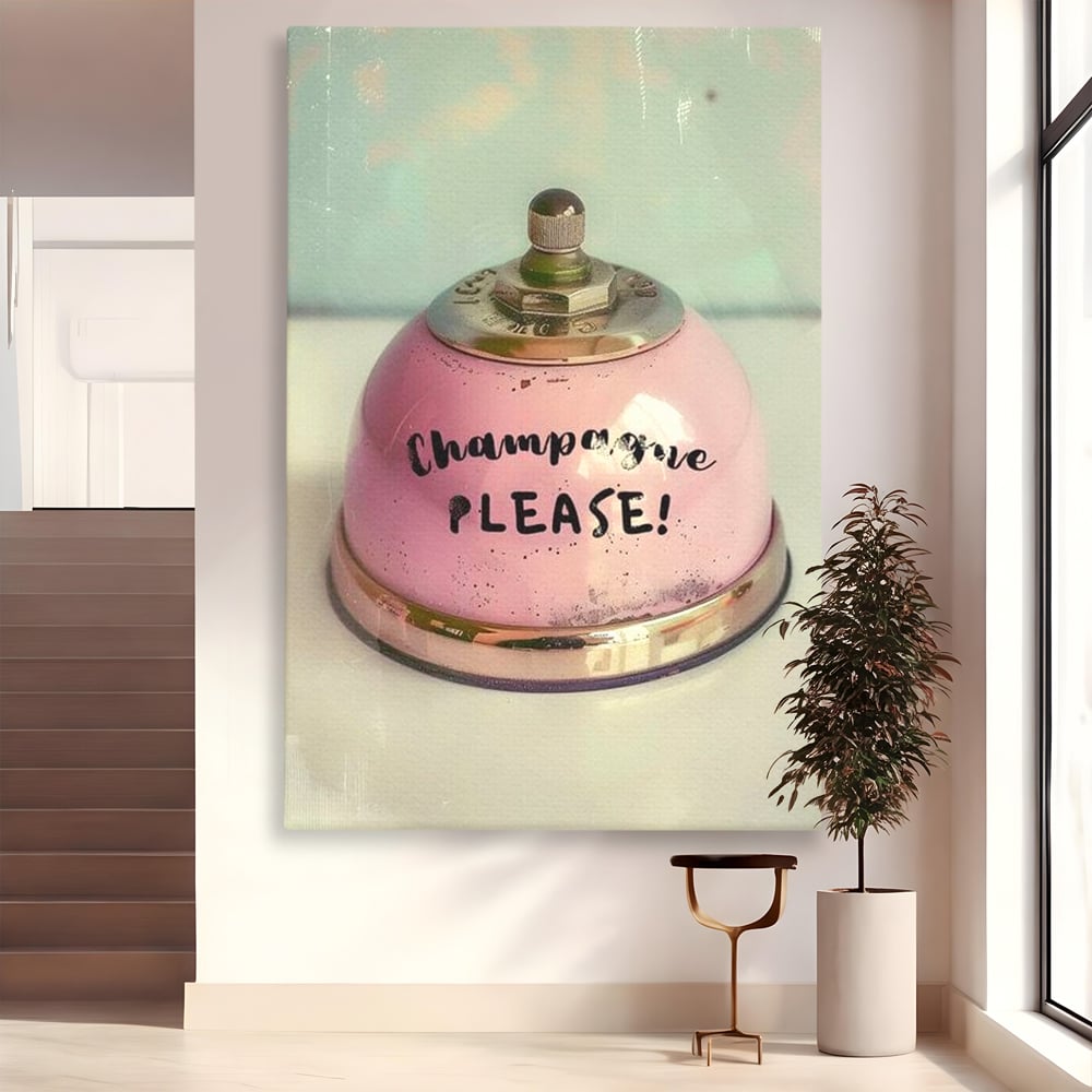 Tablou Canvas Premium, LuxCanva® N1159, Sa Inceapa Petrecerea, Clopotel, Roz, Text, Sampanie, Bautura, Vintage, Ocazie, Pub, Bar, Lounge, Restaurant, Bucatarie