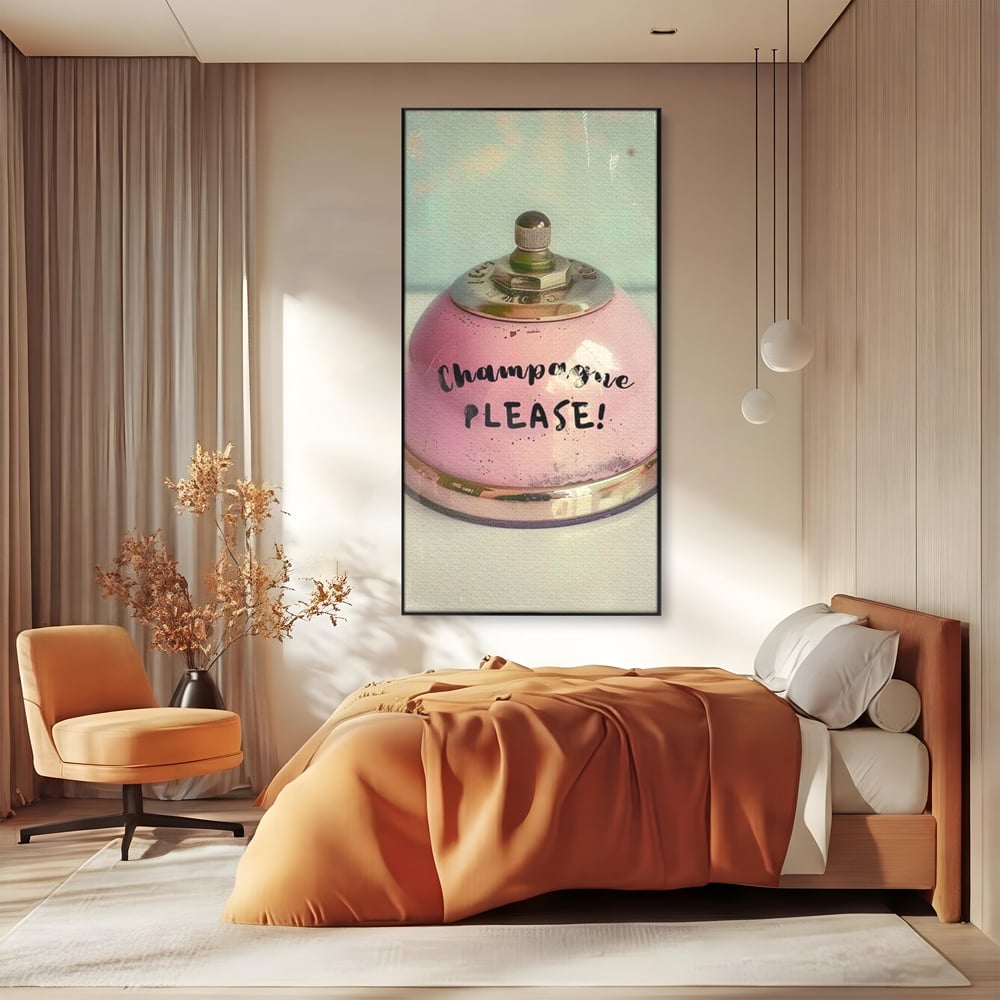 Tablou Canvas Premium, LuxCanva® N1159, Sa Inceapa Petrecerea, Clopotel, Roz, Text, Sampanie, Bautura, Vintage, Ocazie, Pub, Bar, Lounge, Restaurant, Bucatarie