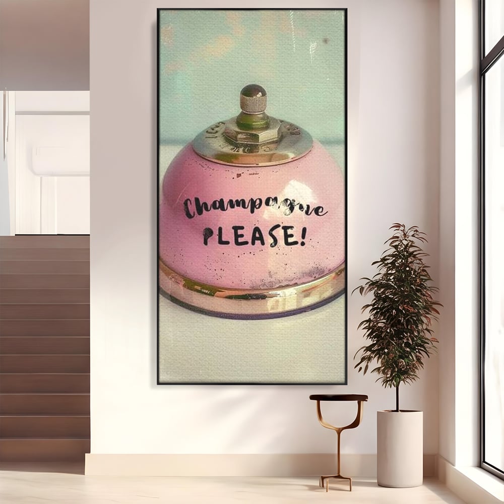Tablou Canvas Premium, LuxCanva® N1159, Sa Inceapa Petrecerea, Clopotel, Roz, Text, Sampanie, Bautura, Vintage, Ocazie, Pub, Bar, Lounge, Restaurant, Bucatarie