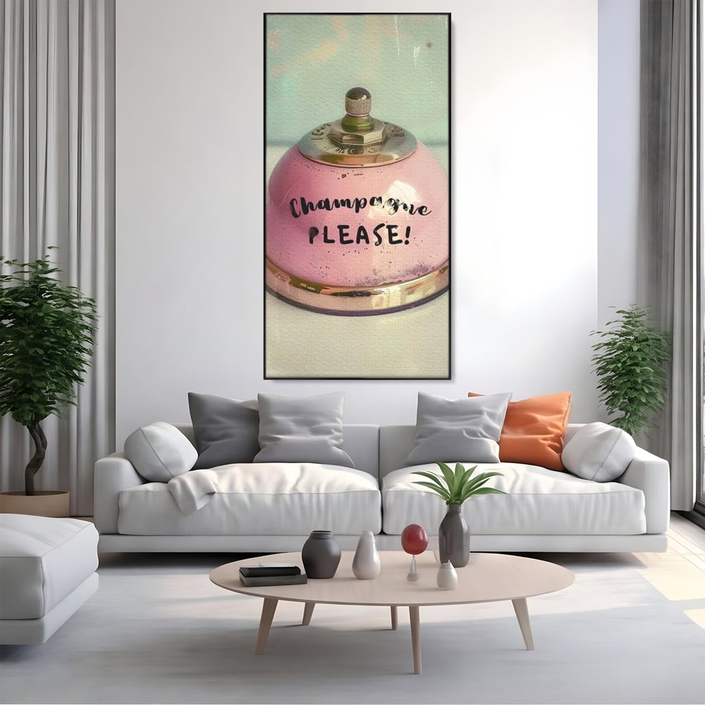 Tablou Canvas Premium, LuxCanva® N1159, Sa Inceapa Petrecerea, Clopotel, Roz, Text, Sampanie, Bautura, Vintage, Ocazie, Pub, Bar, Lounge, Restaurant, Bucatarie