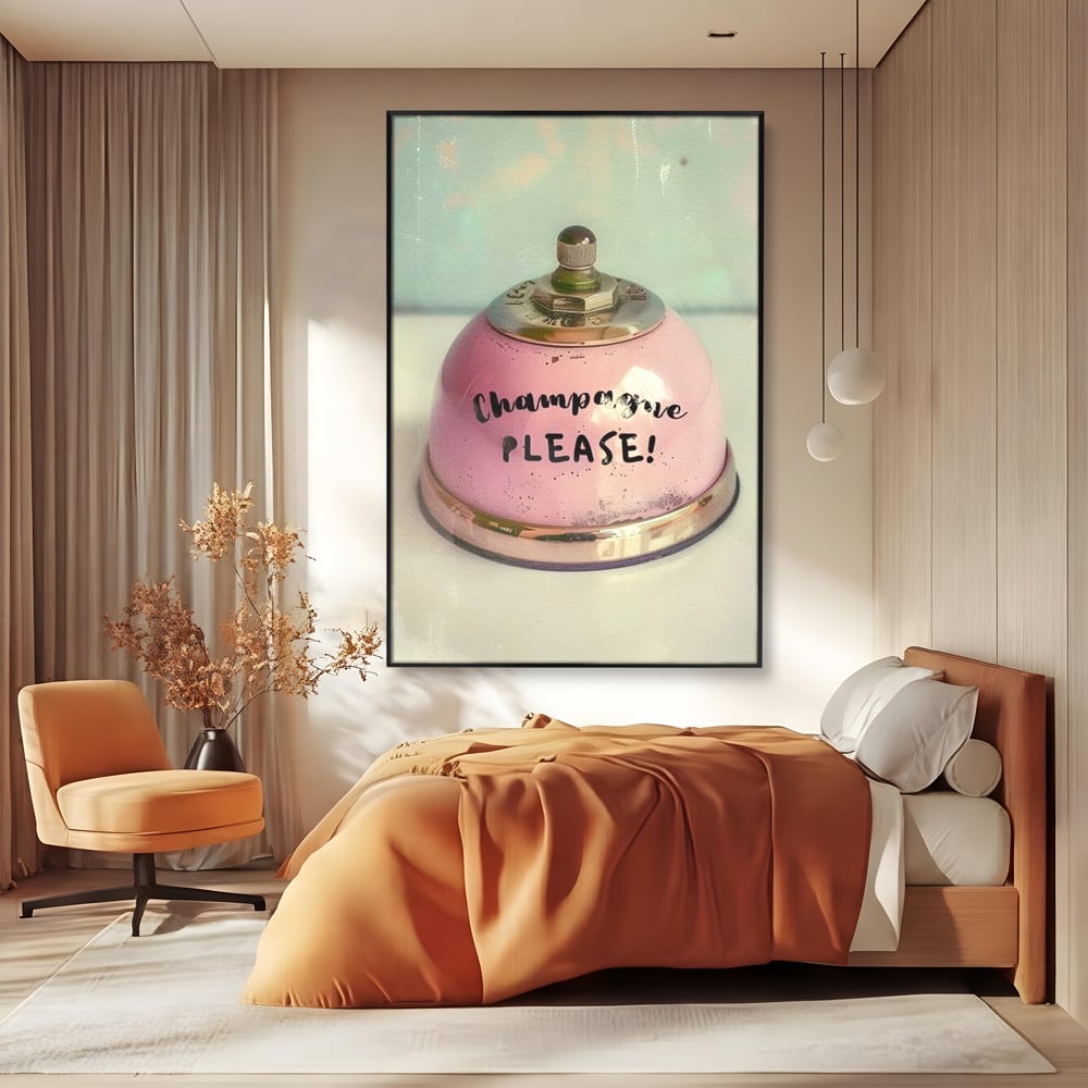 Tablou Canvas Premium, LuxCanva® N1159, Sa Inceapa Petrecerea, Clopotel, Roz, Text, Sampanie, Bautura, Vintage, Ocazie, Pub, Bar, Lounge, Restaurant, Bucatarie