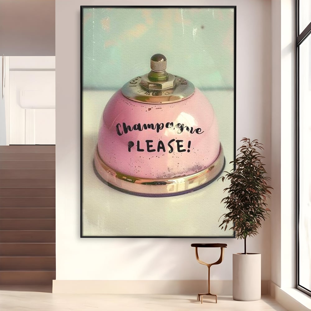 Tablou Canvas Premium, LuxCanva® N1159, Sa Inceapa Petrecerea, Clopotel, Roz, Text, Sampanie, Bautura, Vintage, Ocazie, Pub, Bar, Lounge, Restaurant, Bucatarie