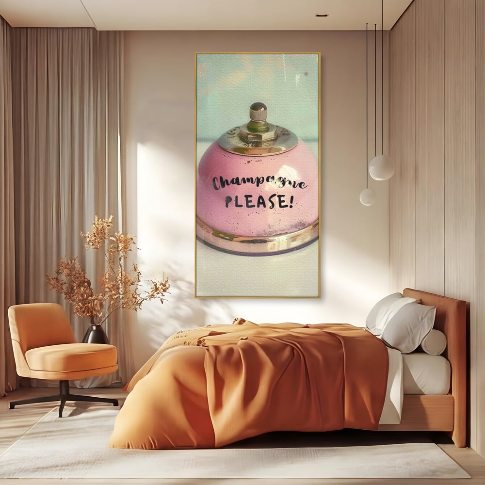 Tablou Canvas Premium, LuxCanva® N1159, Sa Inceapa Petrecerea, Clopotel, Roz, Text, Sampanie, Bautura, Vintage, Ocazie, Pub, Bar, Lounge, Restaurant, Bucatarie