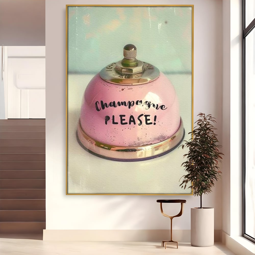 Tablou Canvas Premium, LuxCanva® N1159, Sa Inceapa Petrecerea, Clopotel, Roz, Text, Sampanie, Bautura, Vintage, Ocazie, Pub, Bar, Lounge, Restaurant, Bucatarie