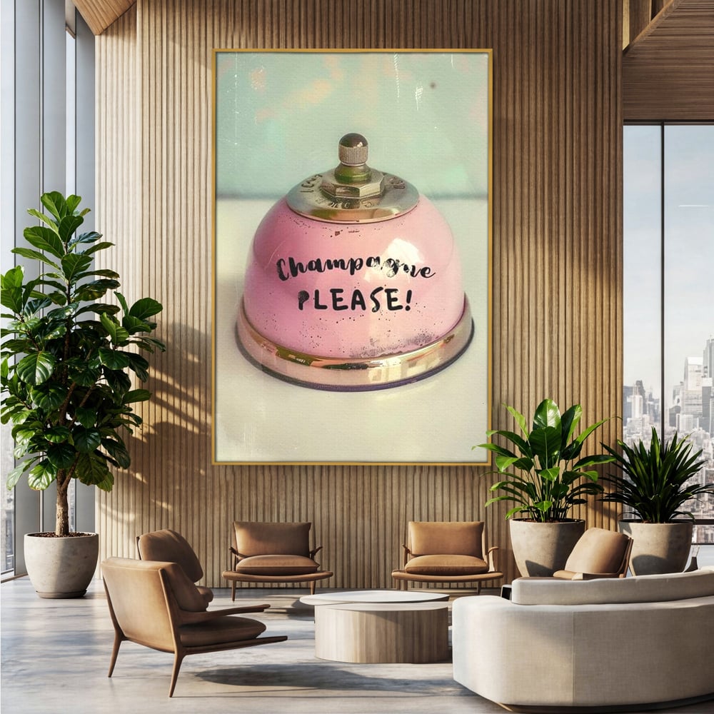 Tablou Canvas Premium, LuxCanva® N1159, Sa Inceapa Petrecerea, Clopotel, Roz, Text, Sampanie, Bautura, Vintage, Ocazie, Pub, Bar, Lounge, Restaurant, Bucatarie