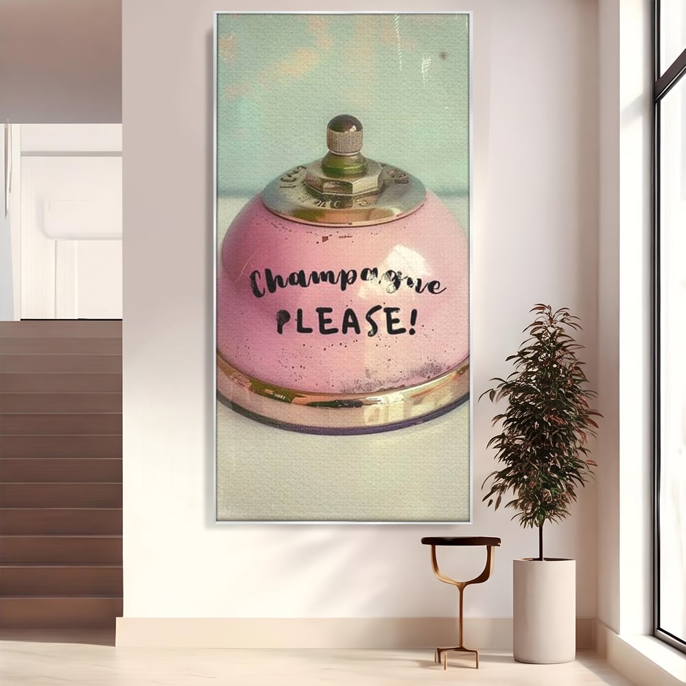 Tablou Canvas Premium, LuxCanva® N1159, Sa Inceapa Petrecerea, Clopotel, Roz, Text, Sampanie, Bautura, Vintage, Ocazie, Pub, Bar, Lounge, Restaurant, Bucatarie