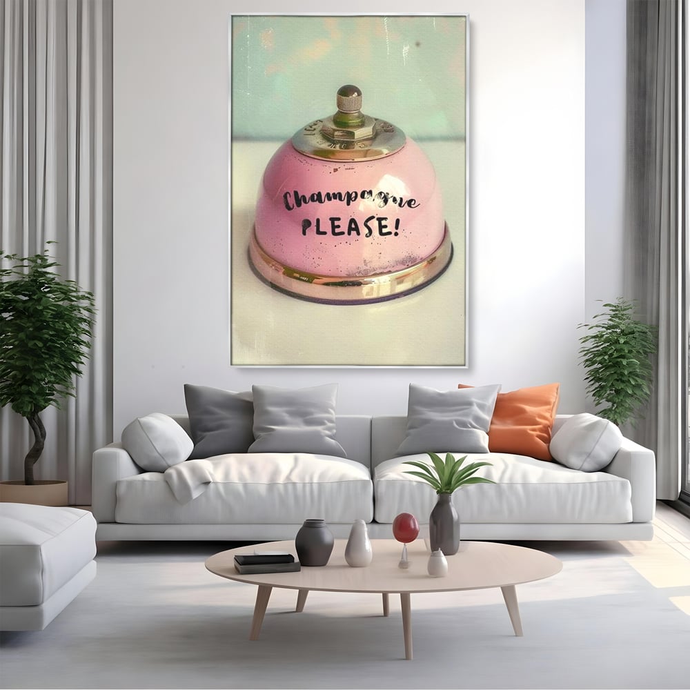 Tablou Canvas Premium, LuxCanva® N1159, Sa Inceapa Petrecerea, Clopotel, Roz, Text, Sampanie, Bautura, Vintage, Ocazie, Pub, Bar, Lounge, Restaurant, Bucatarie