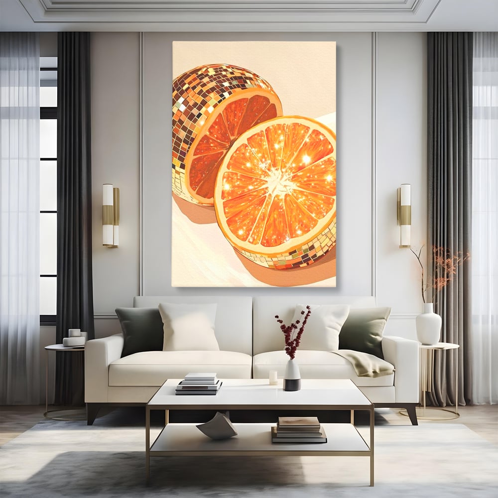 Leinwand Premium Canvas Wandbilder, LuxCanva® N1166, Sweet Reflections, Orange, Fruchtig, Disco, Funky, Party, Glam, Glitzer, Pub, Bar, Lounge, Restaurant, Küche