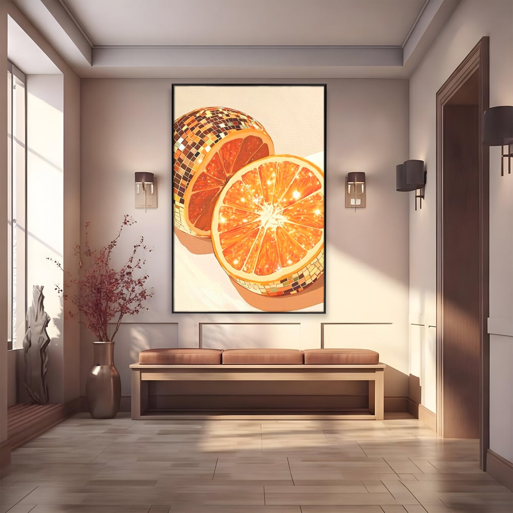 Leinwand Premium Canvas Wandbilder, LuxCanva® N1166, Sweet Reflections, Orange, Fruchtig, Disco, Funky, Party, Glam, Glitzer, Pub, Bar, Lounge, Restaurant, Küche