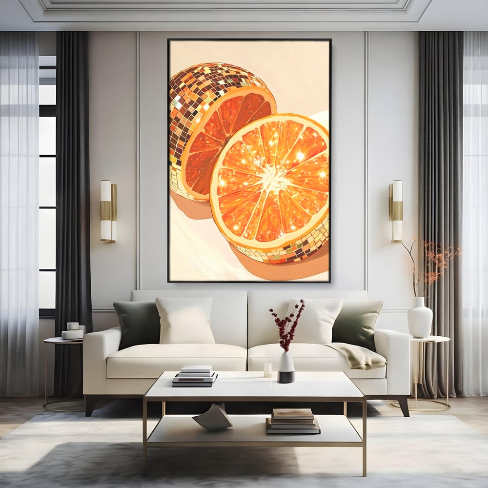 Leinwand Premium Canvas Wandbilder, LuxCanva® N1166, Sweet Reflections, Orange, Fruchtig, Disco, Funky, Party, Glam, Glitzer, Pub, Bar, Lounge, Restaurant, Küche