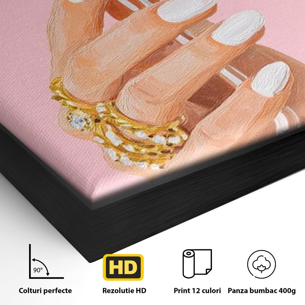 Tablou Canvas Premium, LuxCanva® N1175, Sclipire printre Degete, Cocktail, Bautura, Pahar, Bijuterii, Aur, Roz, Pub, Bar, Lounge, Restaurant, Bucatarie