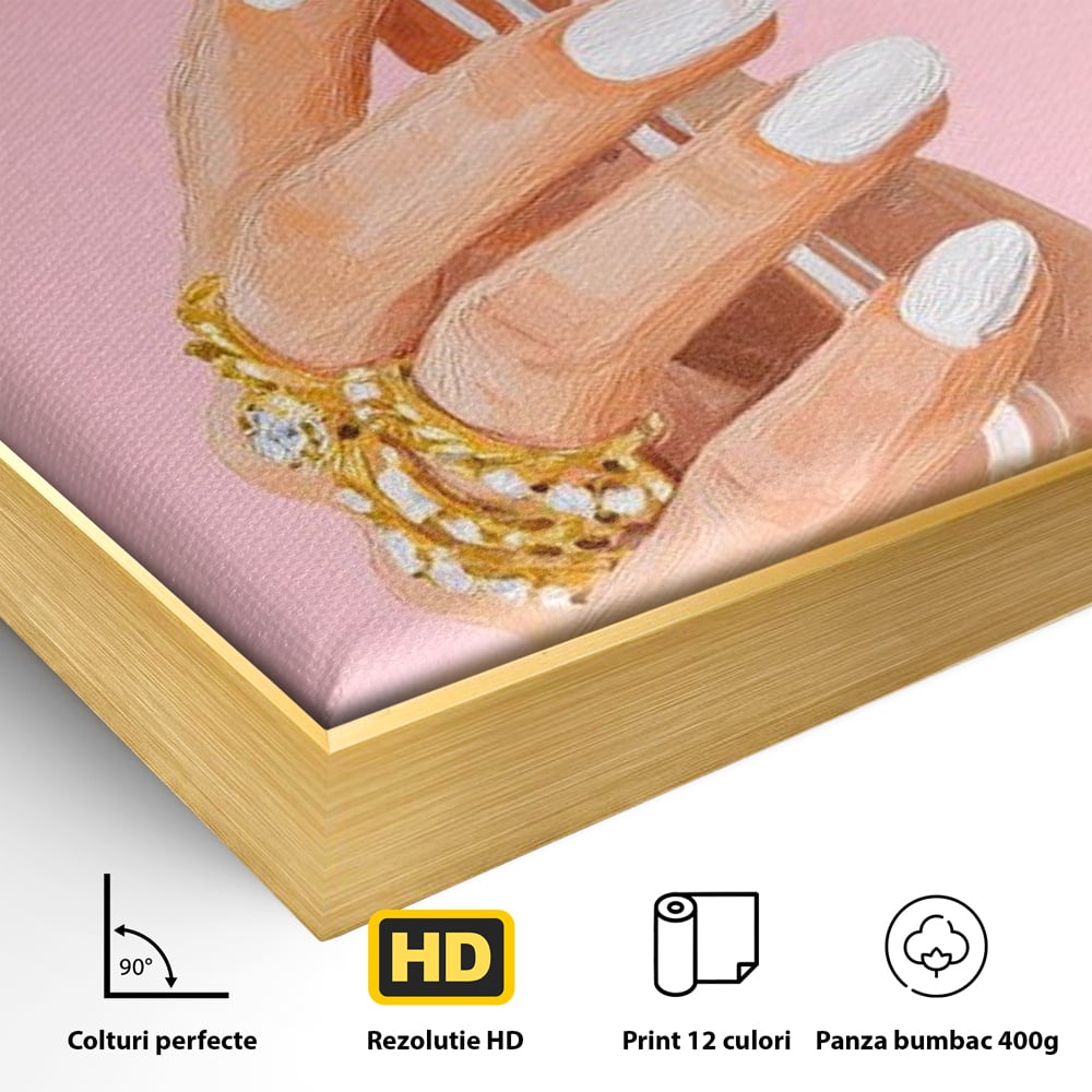 Tablou Canvas Premium, LuxCanva® N1175, Sclipire printre Degete, Cocktail, Bautura, Pahar, Bijuterii, Aur, Roz, Pub, Bar, Lounge, Restaurant, Bucatarie