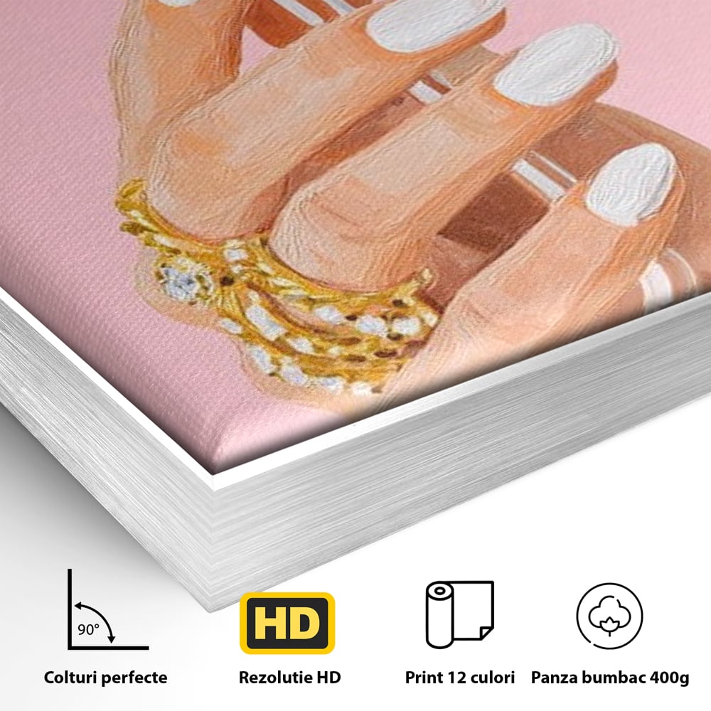 Tablou Canvas Premium, LuxCanva® N1175, Sclipire printre Degete, Cocktail, Bautura, Pahar, Bijuterii, Aur, Roz, Pub, Bar, Lounge, Restaurant, Bucatarie