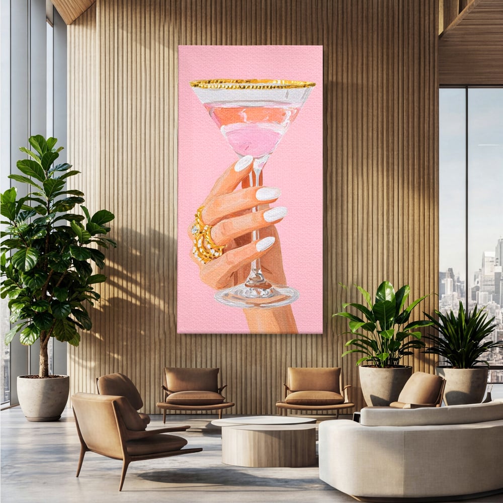 Tablou Canvas Premium, LuxCanva® N1175, Sclipire printre Degete, Cocktail, Bautura, Pahar, Bijuterii, Aur, Roz, Pub, Bar, Lounge, Restaurant, Bucatarie