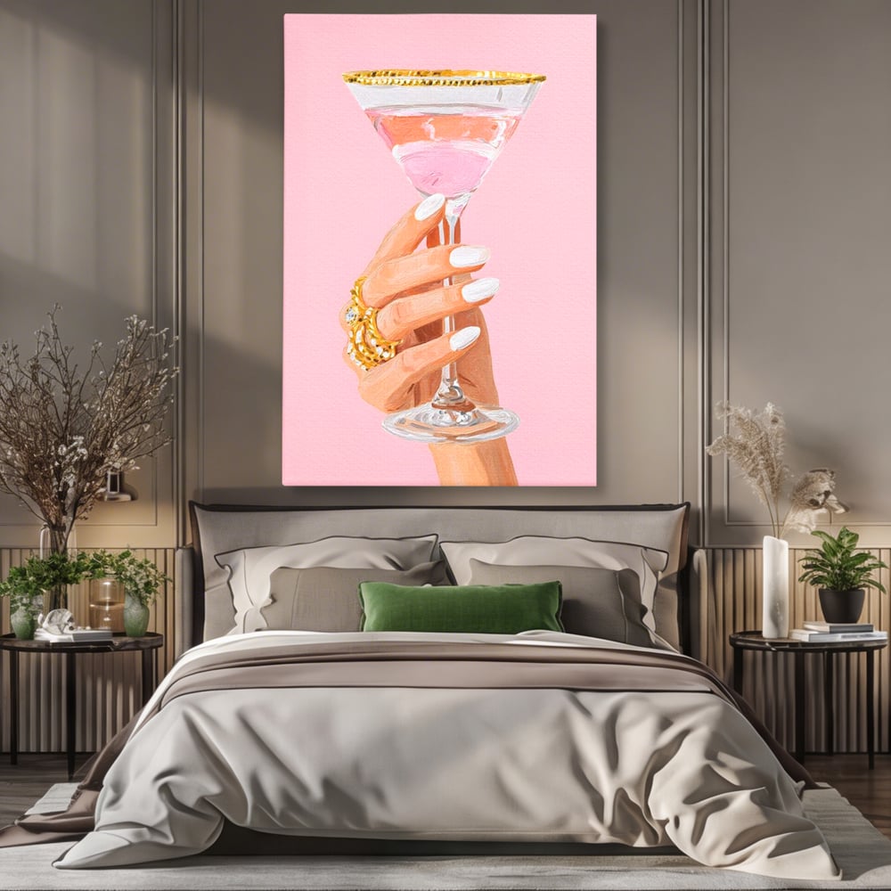 Tablou Canvas Premium, LuxCanva® N1175, Sclipire printre Degete, Cocktail, Bautura, Pahar, Bijuterii, Aur, Roz, Pub, Bar, Lounge, Restaurant, Bucatarie