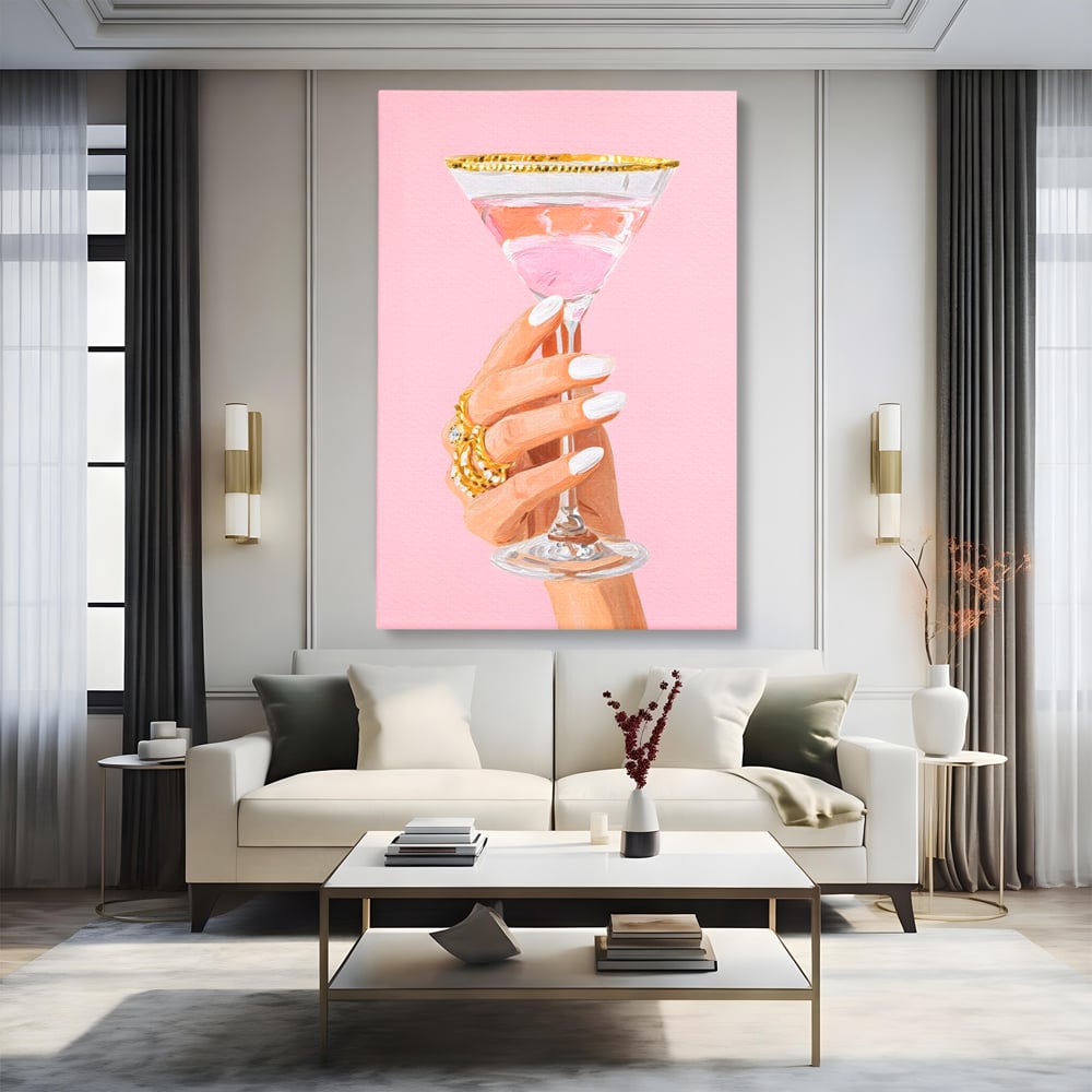 Tablou Canvas Premium, LuxCanva® N1175, Sclipire printre Degete, Cocktail, Bautura, Pahar, Bijuterii, Aur, Roz, Pub, Bar, Lounge, Restaurant, Bucatarie
