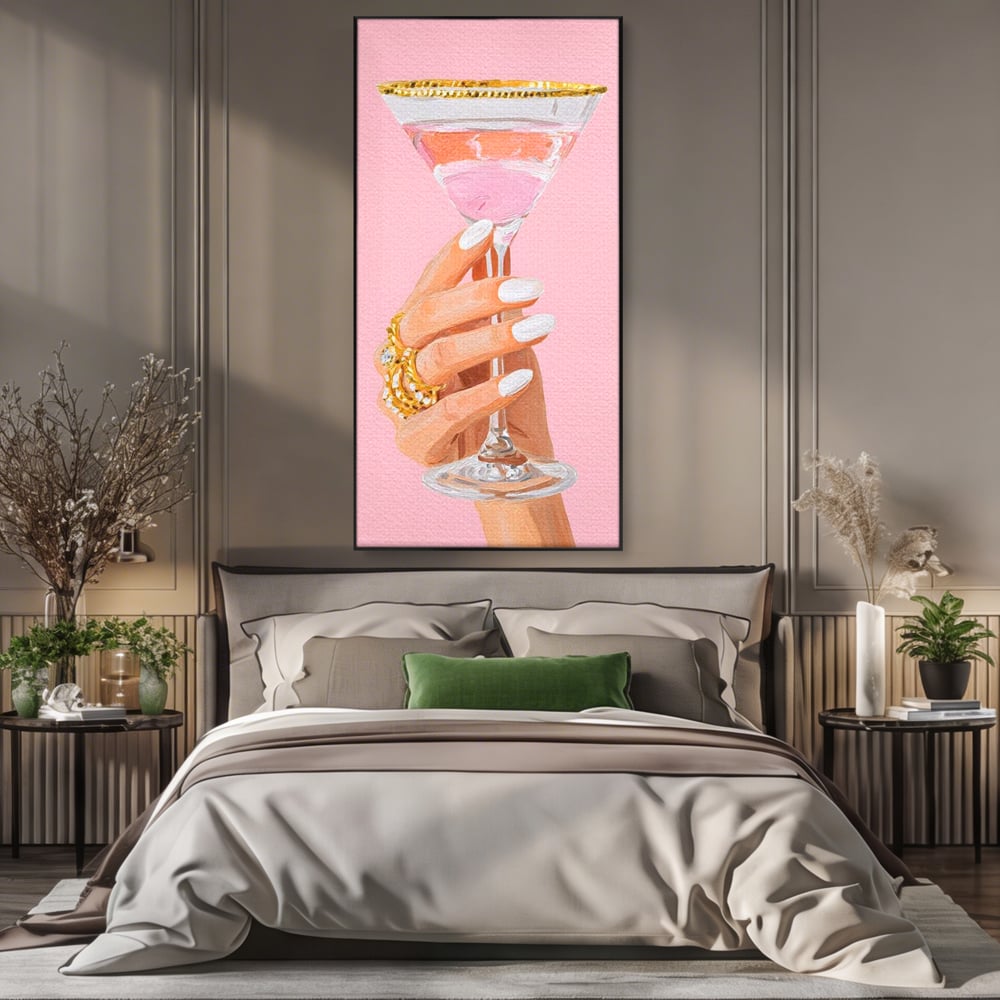 Tablou Canvas Premium, LuxCanva® N1175, Sclipire printre Degete, Cocktail, Bautura, Pahar, Bijuterii, Aur, Roz, Pub, Bar, Lounge, Restaurant, Bucatarie