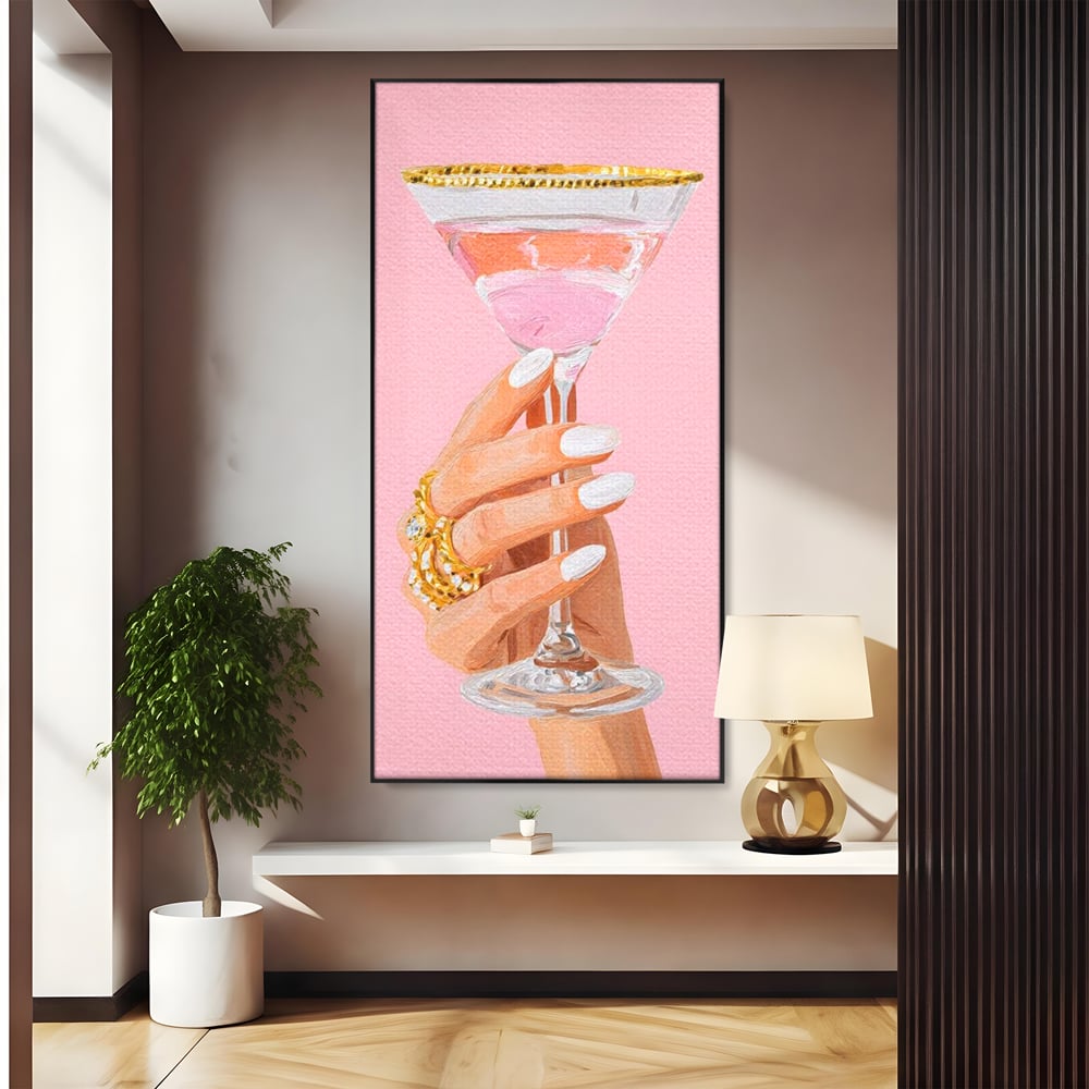 Tablou Canvas Premium, LuxCanva® N1175, Sclipire printre Degete, Cocktail, Bautura, Pahar, Bijuterii, Aur, Roz, Pub, Bar, Lounge, Restaurant, Bucatarie