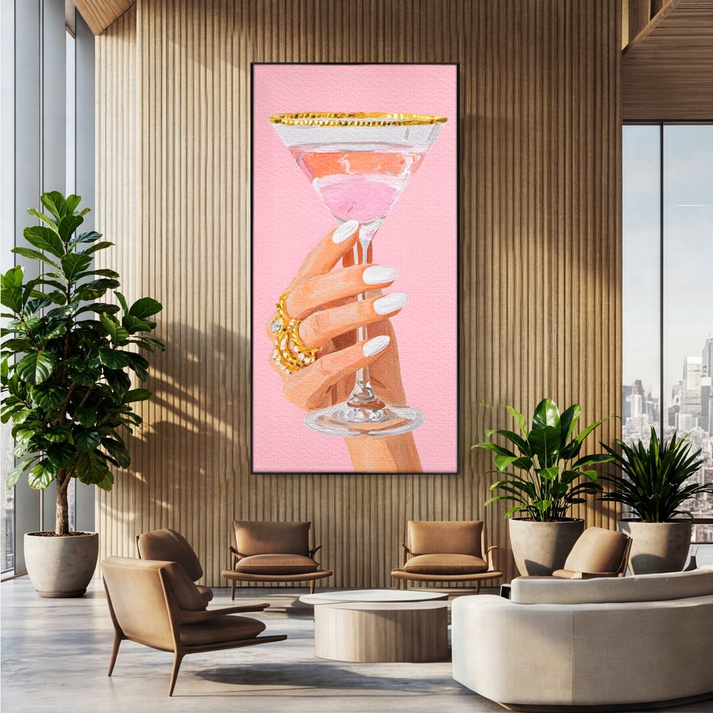 Tablou Canvas Premium, LuxCanva® N1175, Sclipire printre Degete, Cocktail, Bautura, Pahar, Bijuterii, Aur, Roz, Pub, Bar, Lounge, Restaurant, Bucatarie