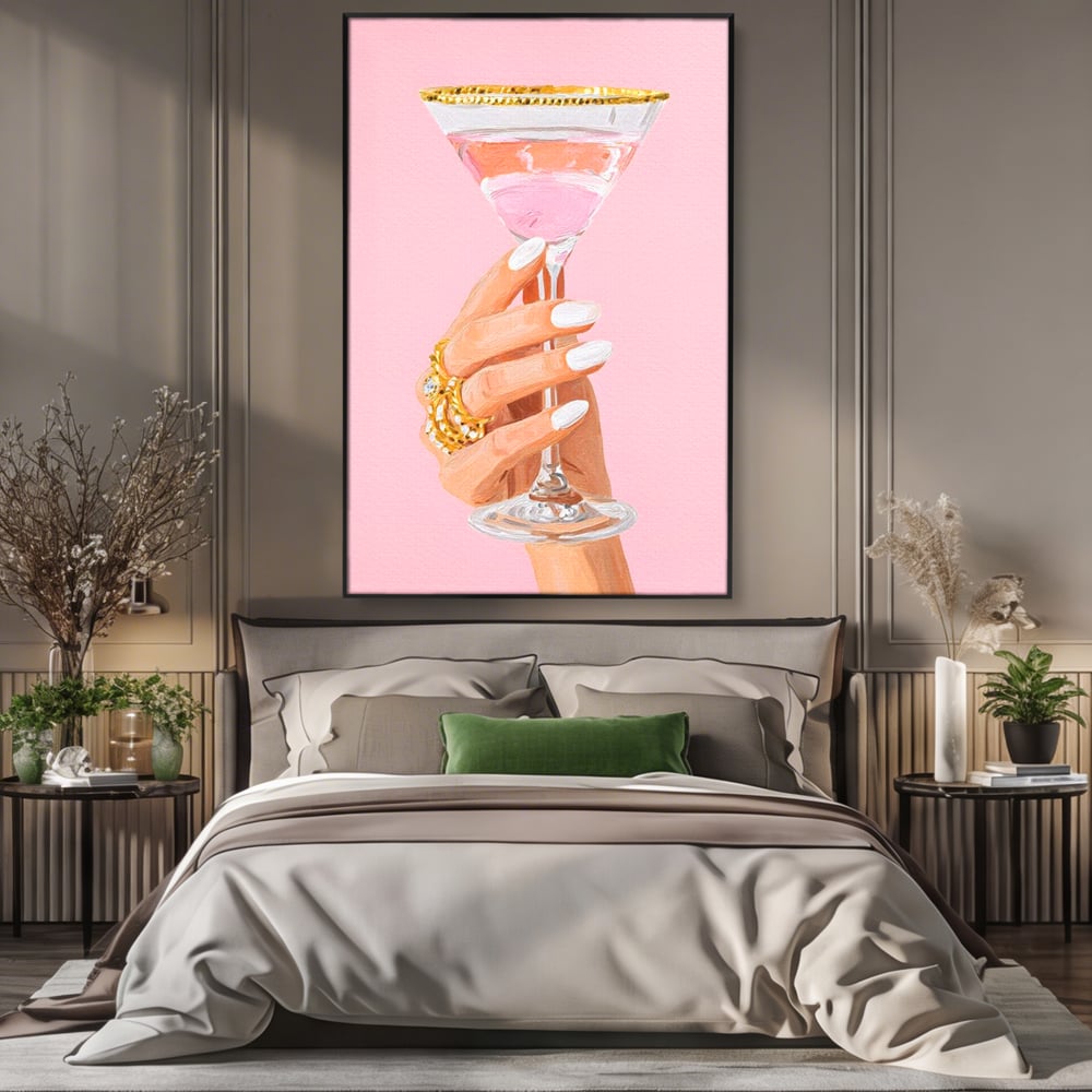 Tablou Canvas Premium, LuxCanva® N1175, Sclipire printre Degete, Cocktail, Bautura, Pahar, Bijuterii, Aur, Roz, Pub, Bar, Lounge, Restaurant, Bucatarie