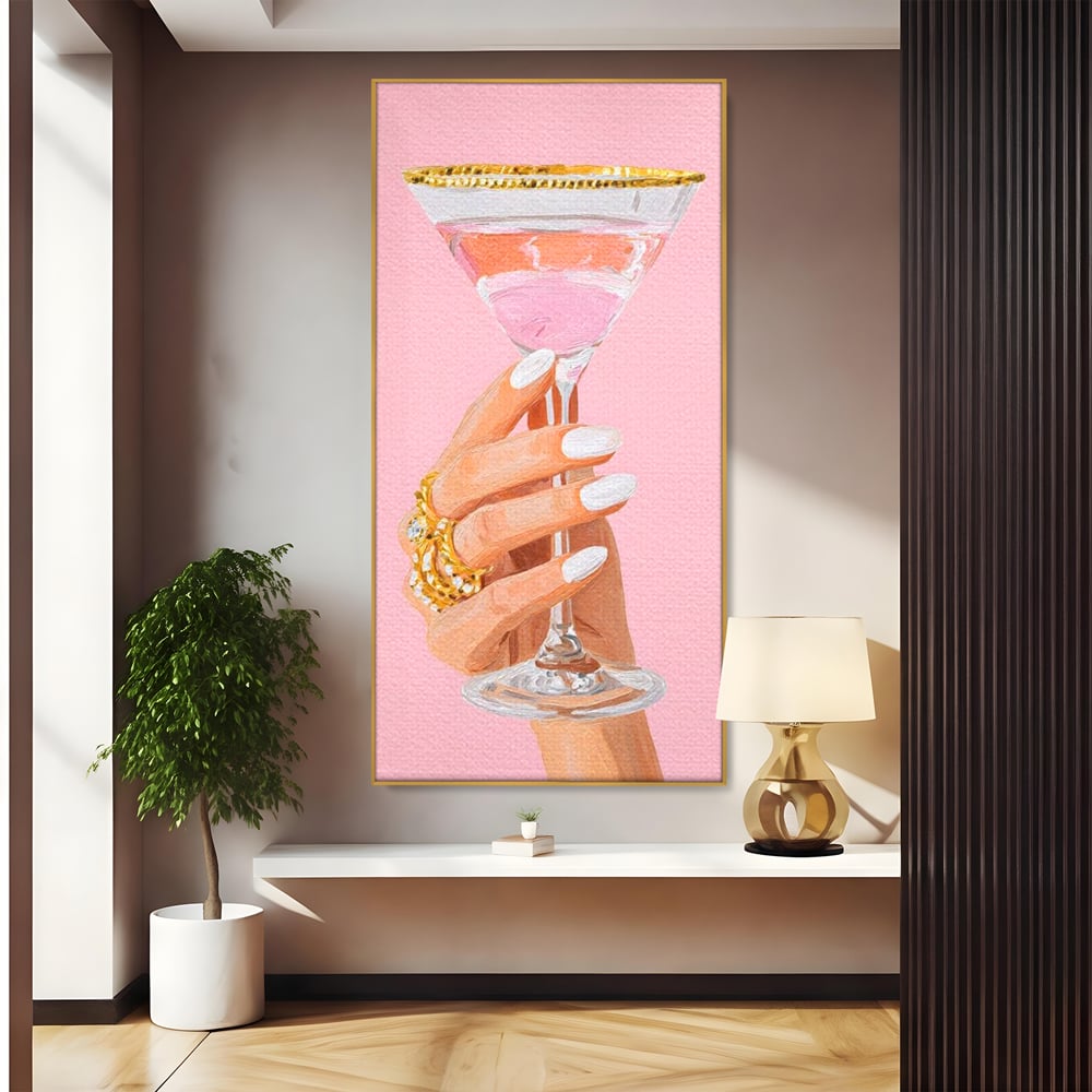 Tablou Canvas Premium, LuxCanva® N1175, Sclipire printre Degete, Cocktail, Bautura, Pahar, Bijuterii, Aur, Roz, Pub, Bar, Lounge, Restaurant, Bucatarie