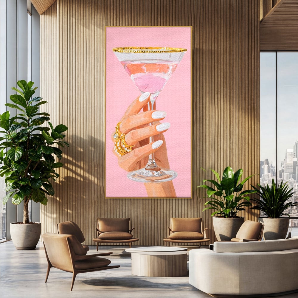 Tablou Canvas Premium, LuxCanva® N1175, Sclipire printre Degete, Cocktail, Bautura, Pahar, Bijuterii, Aur, Roz, Pub, Bar, Lounge, Restaurant, Bucatarie