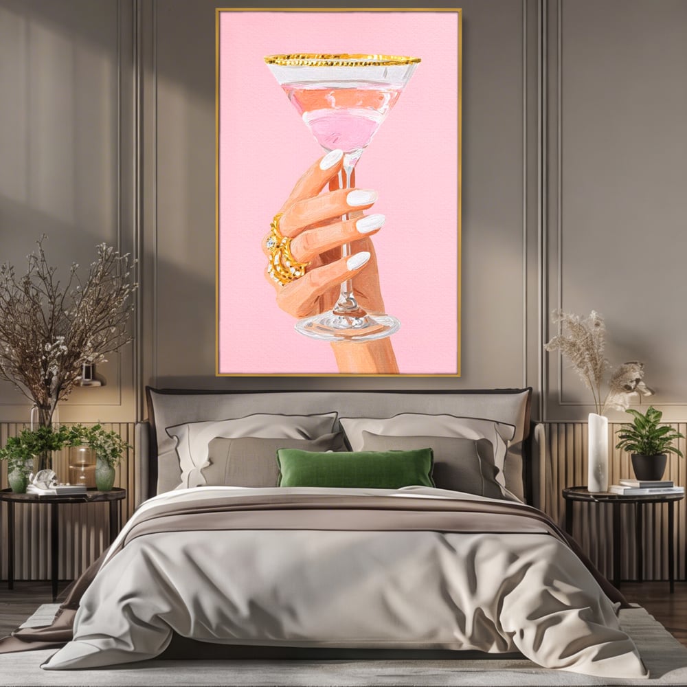 Tablou Canvas Premium, LuxCanva® N1175, Sclipire printre Degete, Cocktail, Bautura, Pahar, Bijuterii, Aur, Roz, Pub, Bar, Lounge, Restaurant, Bucatarie